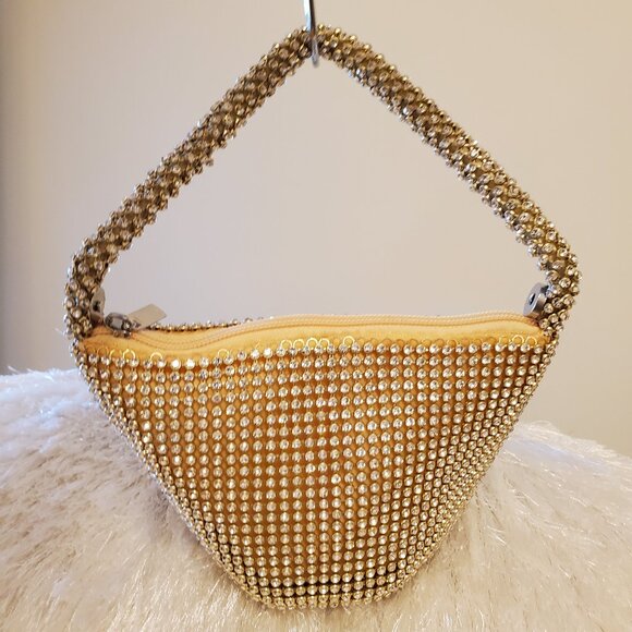 Unbranded Embellished Rhinestone Gold Mini Foldover Hand Bag Wristlet - Picture 1 of 13